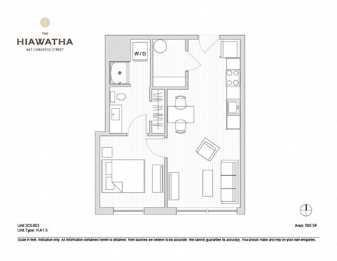 Floor plan for 1 bed, 1 bath, 585 sqft